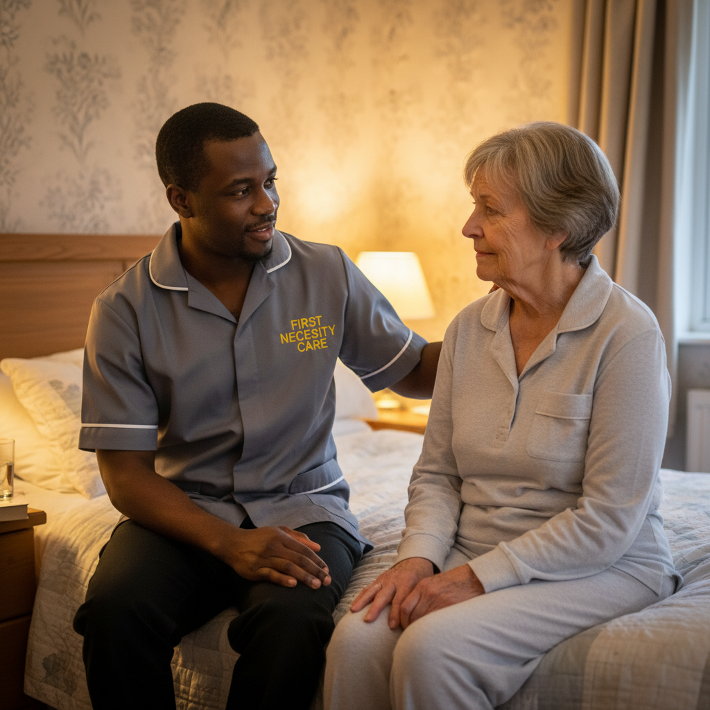 African overnight carer in grey First Necessity Care uniform reassuring an elderly woman during the night