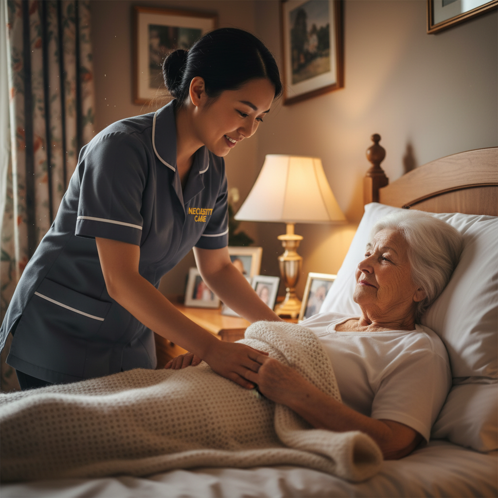 Asian overnight carer in grey First Necessity Care uniform settling an elderly woman comfortably at night