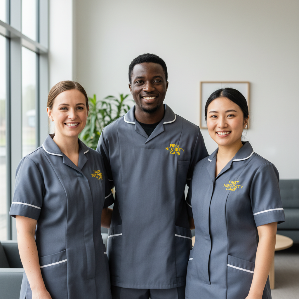 Diverse First Necessity Care team of three carers in grey uniforms