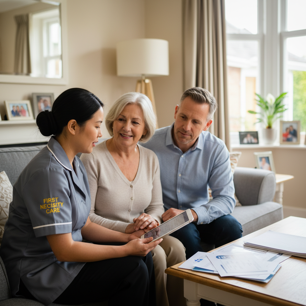 Asian home carer in grey First Necessity Care uniform planning palliative care gently with a family