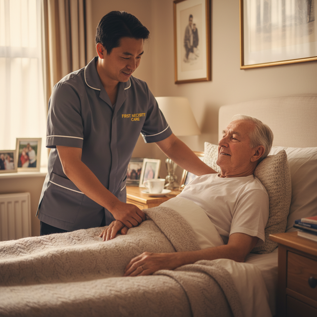 Asian home carer in grey First Necessity Care uniform gently making an elderly man comfortable at home