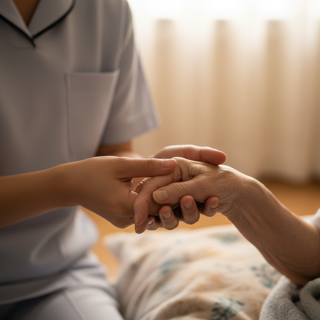 Carer gently holding an elderly person's hand, symbolising compassionate and dignified palliative care