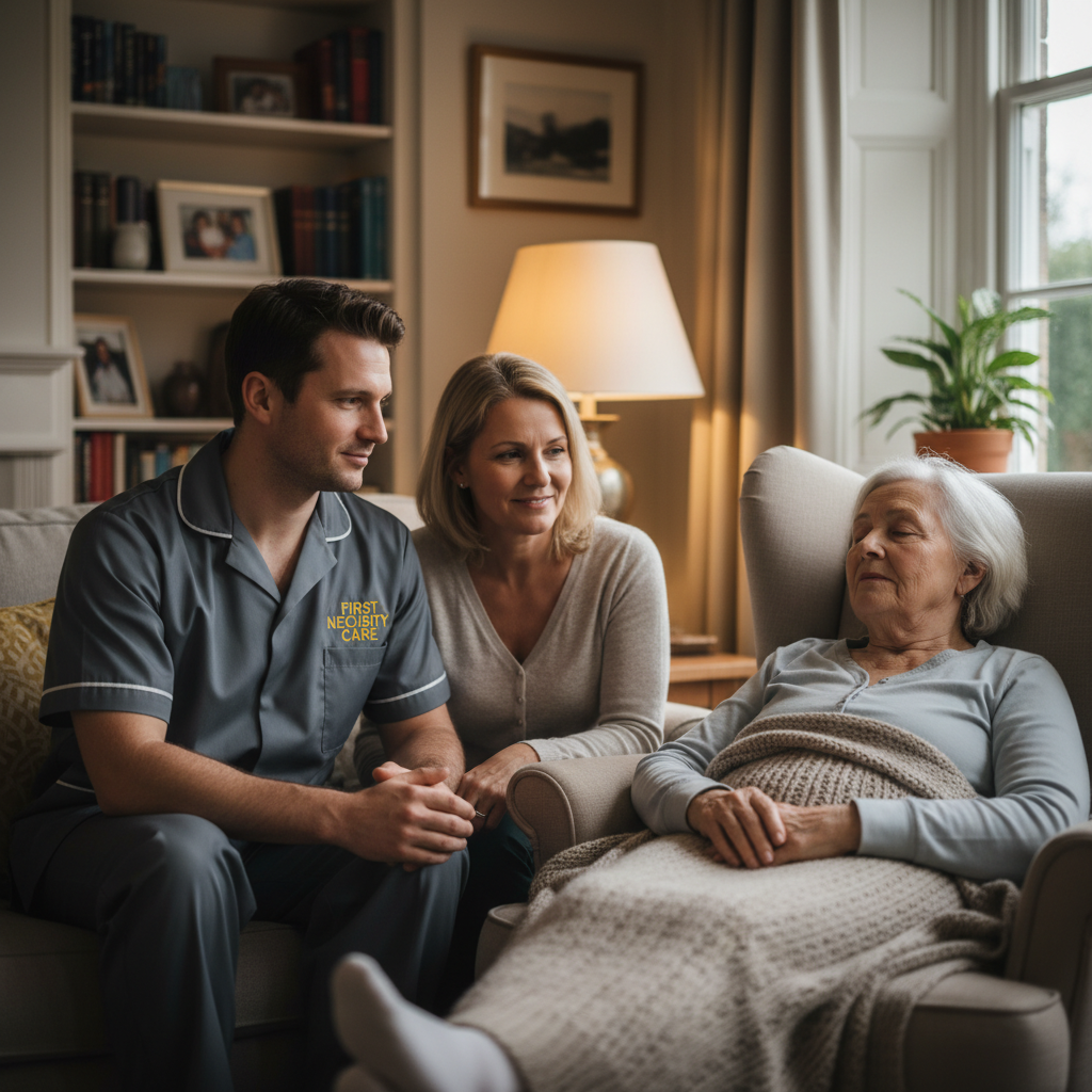 European home carer in grey First Necessity Care uniform supporting a family during palliative care