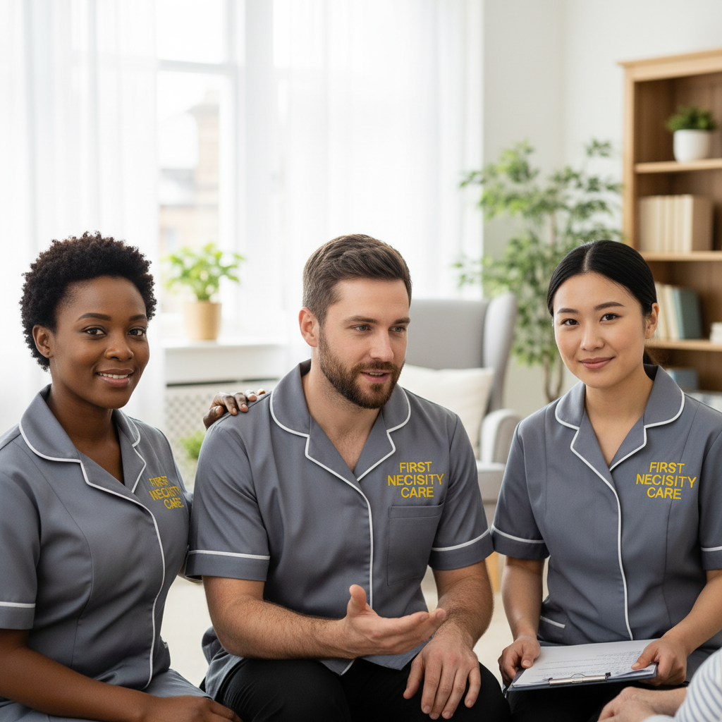 Diverse First Necessity Care team of three compassionate carers in grey uniforms