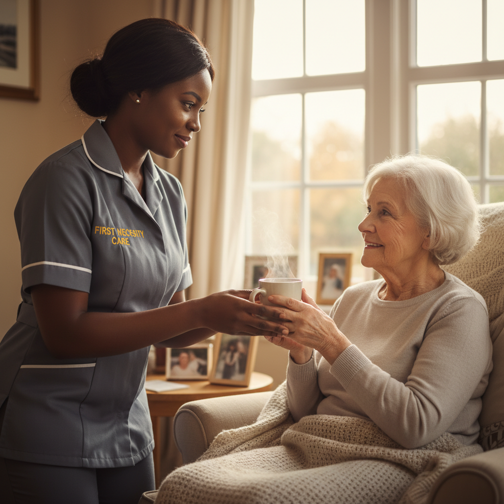African home carer in grey First Necessity Care uniform comforting an elderly woman with a warm drink