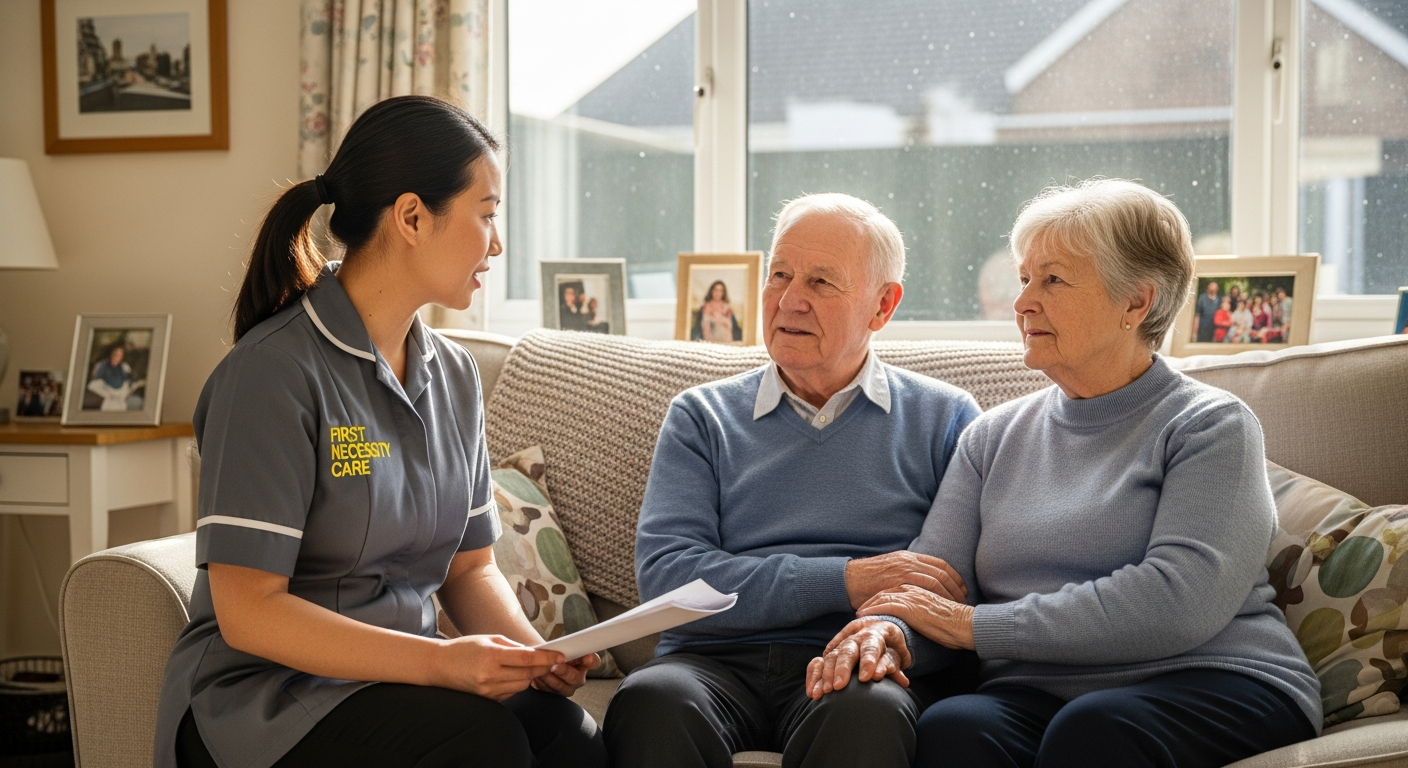 Asian home carer in royal blue First Necessity Care uniform discussing a personal care plan with a couple