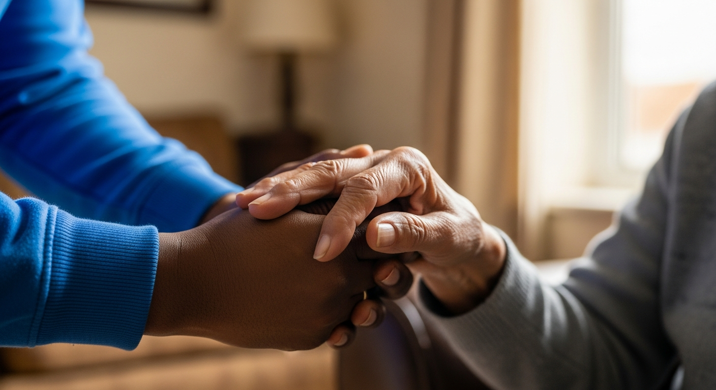 Carer and elderly person holding hands gently, symbolising dignified and respectful personal care