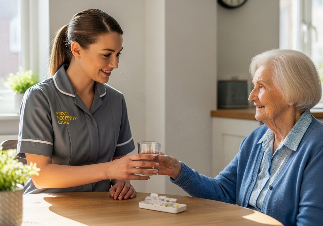 European home carer in royal blue First Necessity Care uniform giving medication reminders to an elderly woman