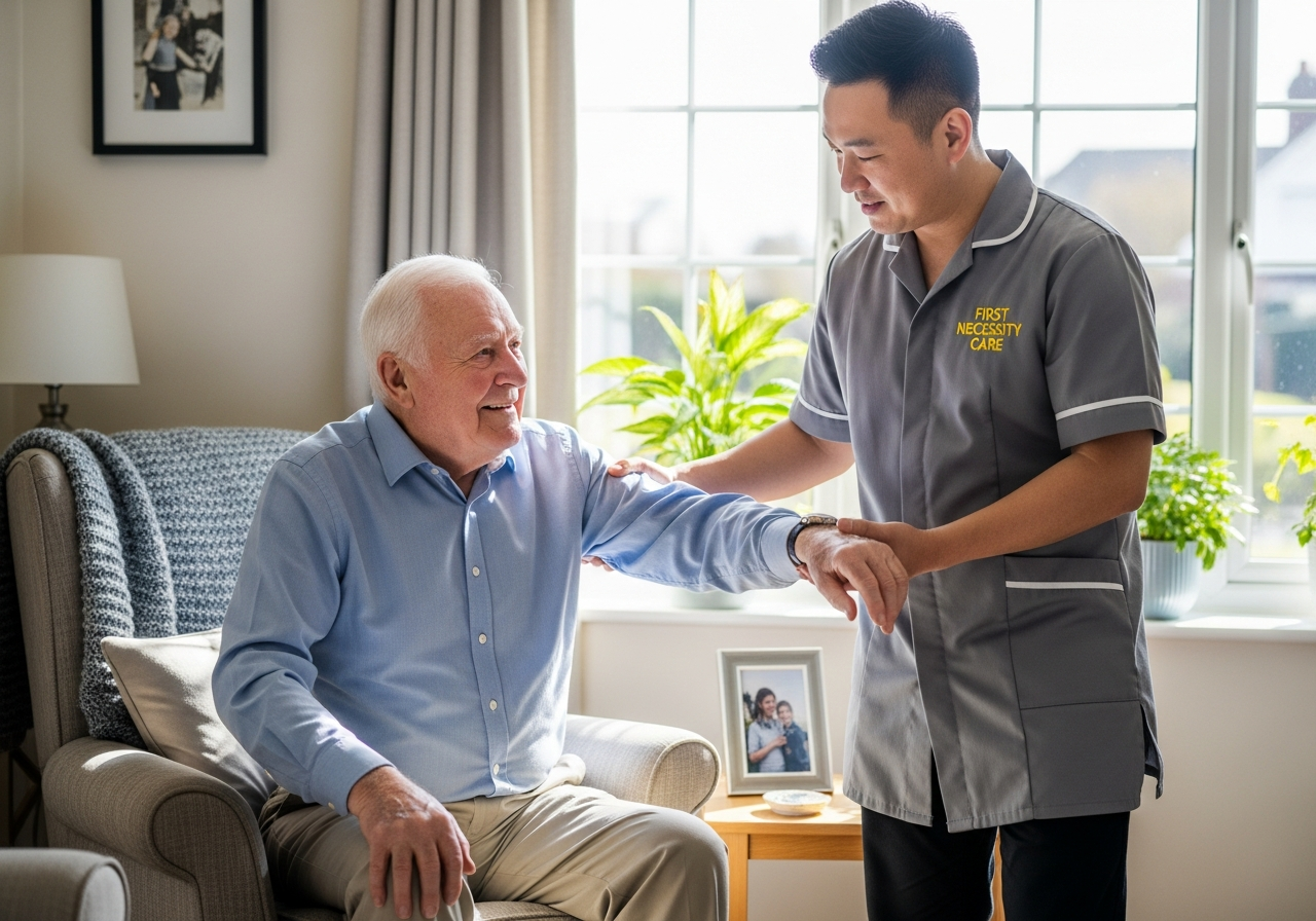 Asian home carer in royal blue First Necessity Care uniform helping an elderly man stand up safely at home