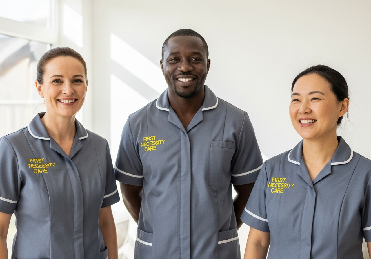 Diverse First Necessity Care team of three carers in royal blue uniforms with the company logo