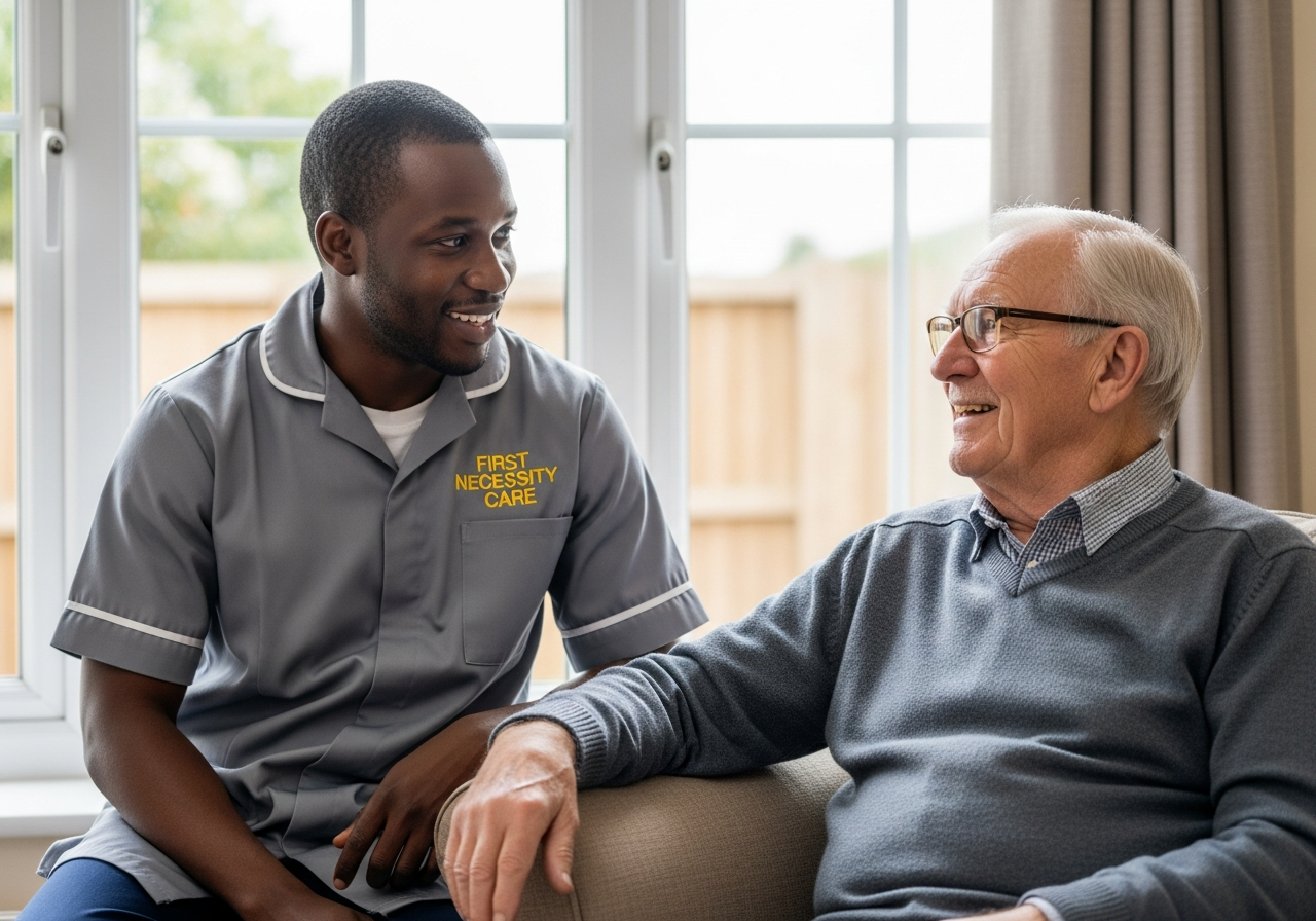 African home carer in royal blue First Necessity Care uniform supporting a recovering elderly man at home