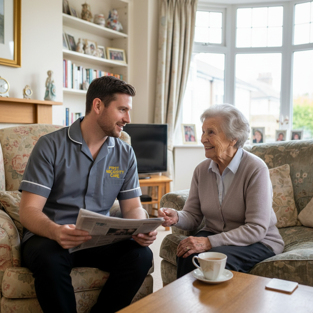 European home carer in royal blue First Necessity Care uniform keeping an elderly woman company during respite