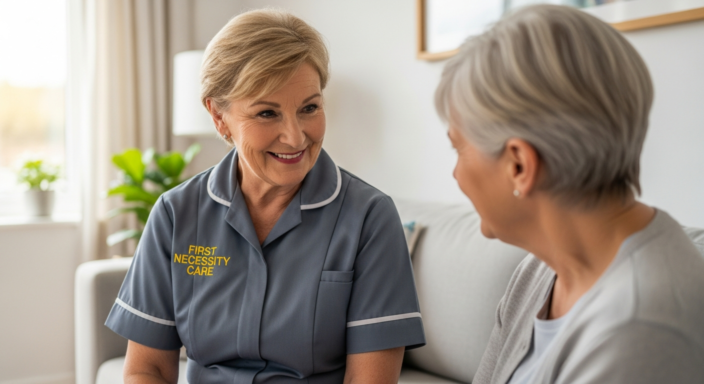 European home carer in royal blue First Necessity Care uniform discussing a respite handover with a family carer