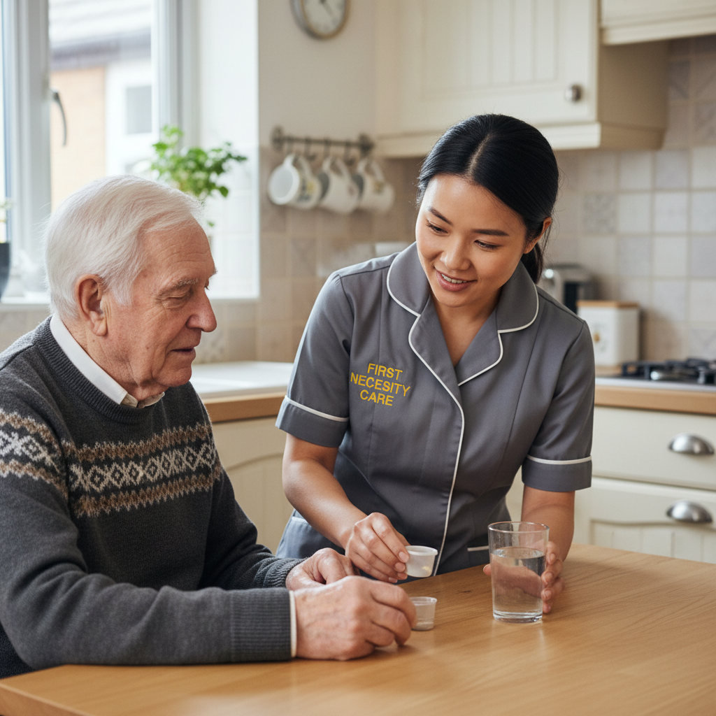 Asian home carer in royal blue First Necessity Care uniform giving medication support during respite care