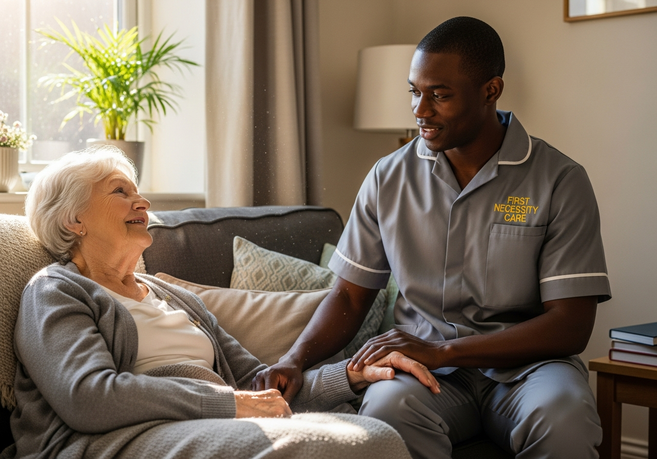African home carer in royal blue First Necessity Care uniform supporting an elderly woman recovering at home