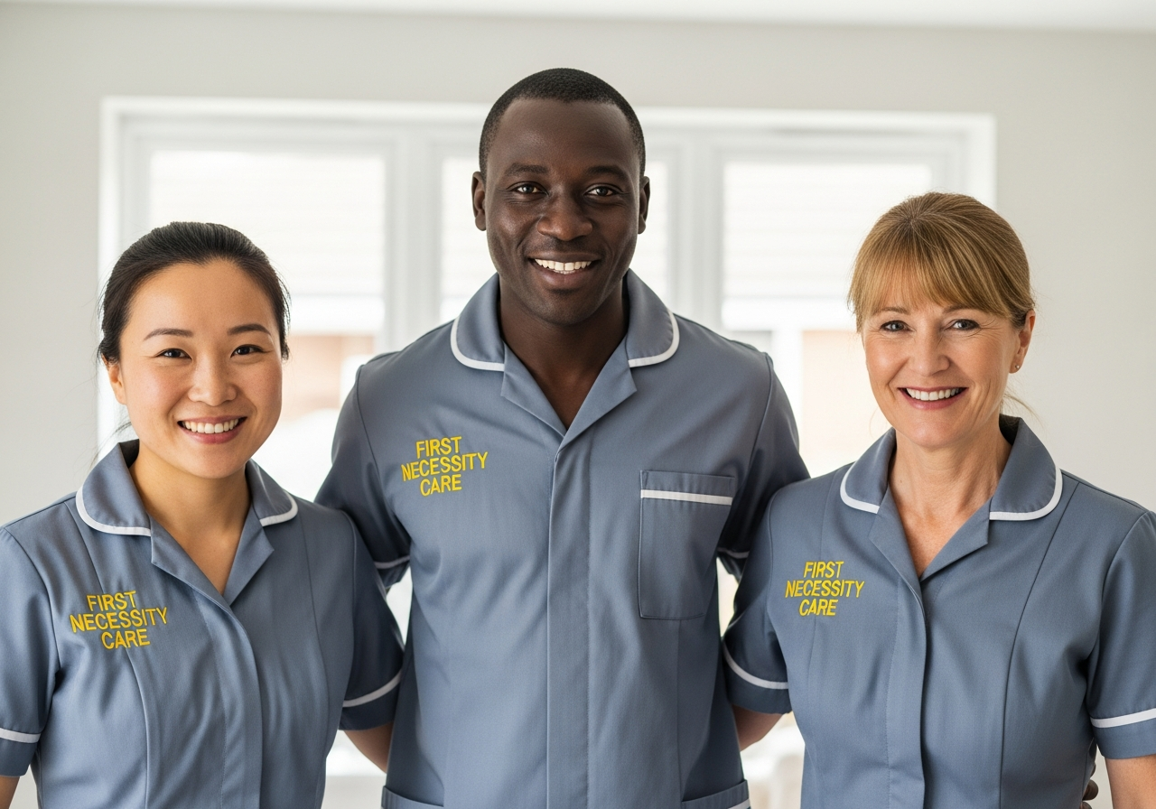 Diverse First Necessity Care team of three carers in royal blue uniforms with the company logo
