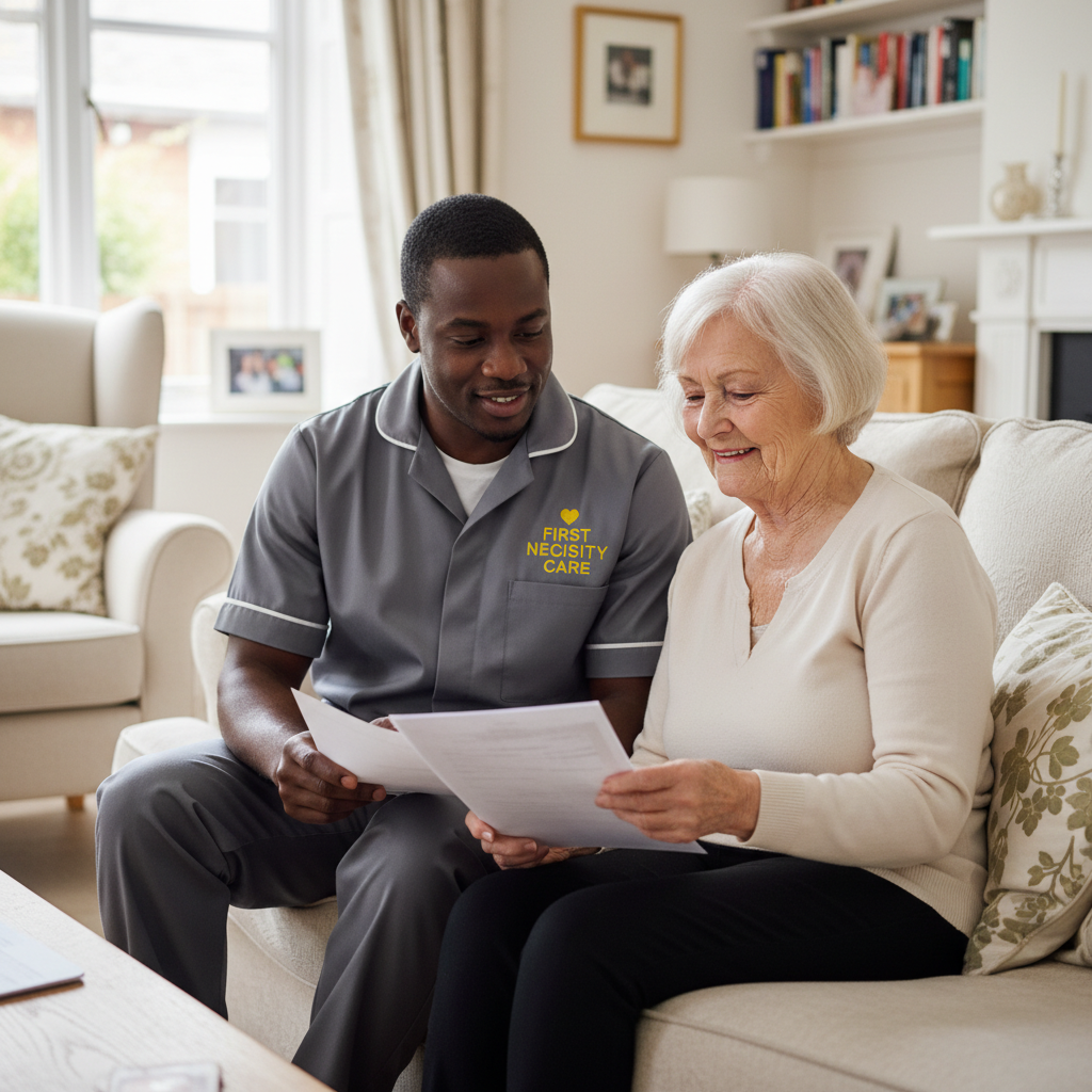 African home carer in royal blue First Necessity Care uniform reviewing a tailored care plan with a client