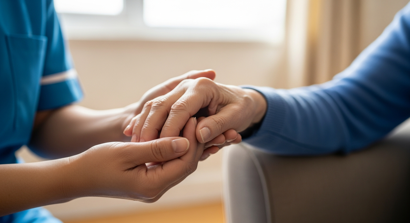 Carer and elderly person holding hands gently, symbolising trusted and compassionate home care