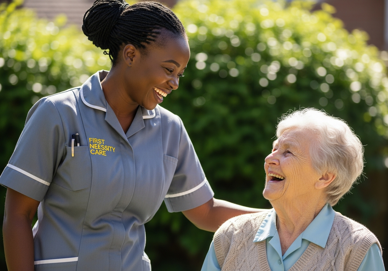 African home carer in royal blue First Necessity Care uniform laughing with an elderly woman in a garden