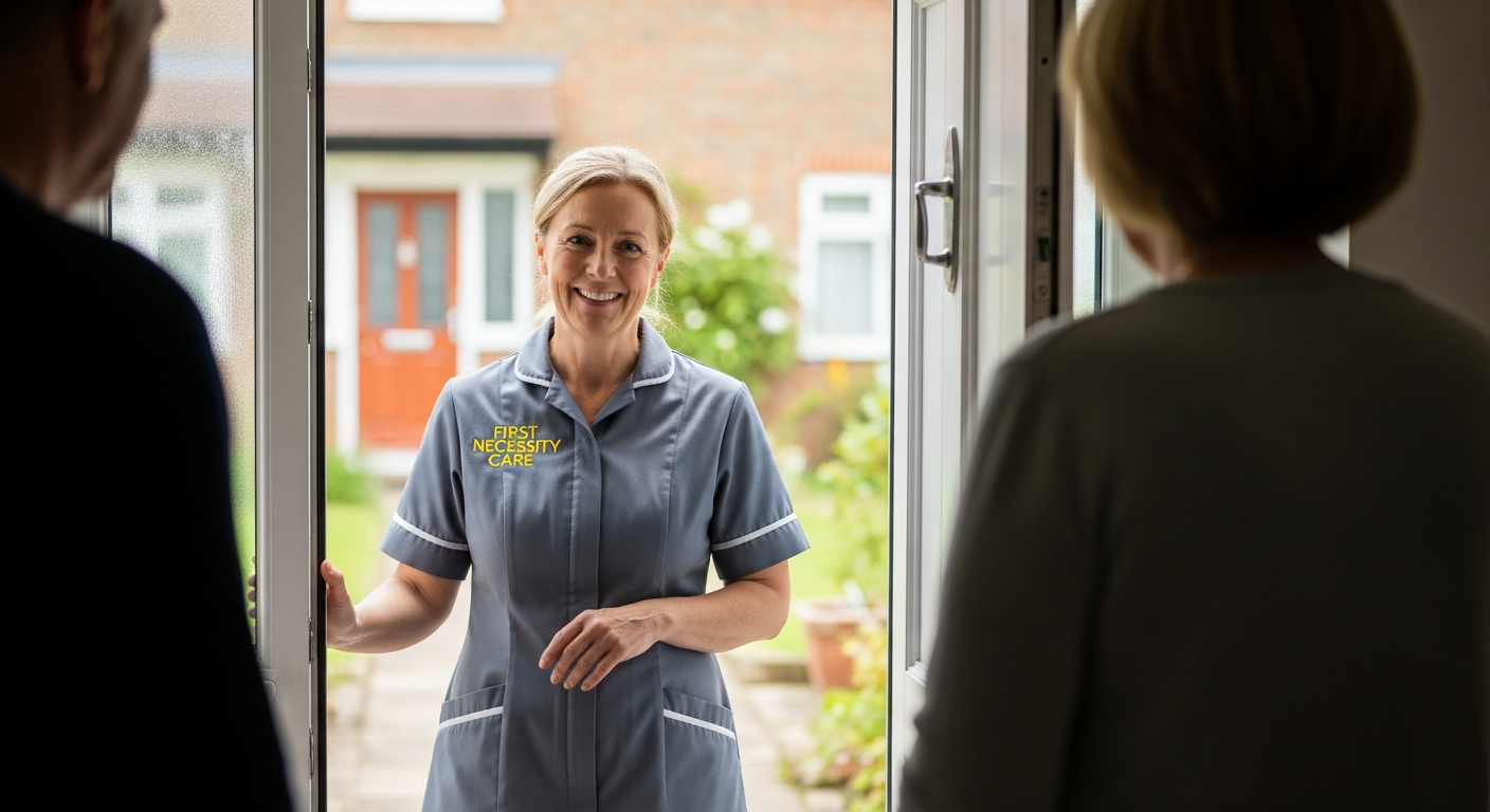 European home carer in royal blue First Necessity Care uniform welcoming a family at a home doorway