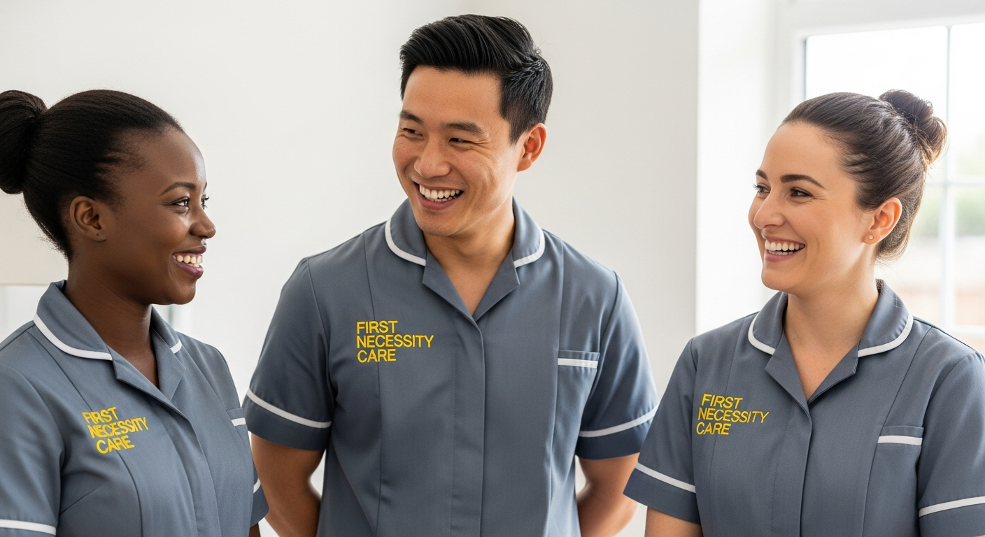 Diverse First Necessity Care team of three carers in royal blue uniforms with the company logo
