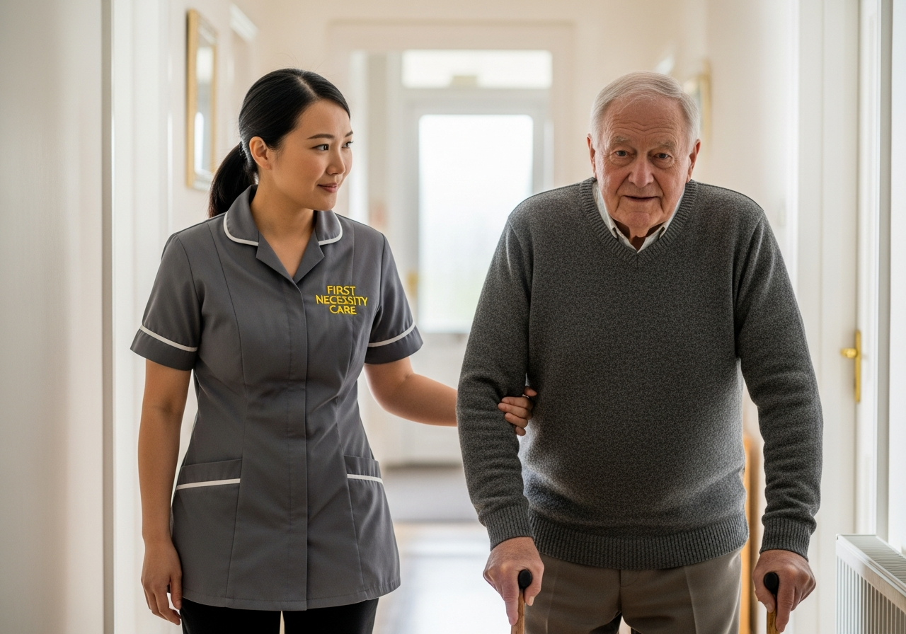Asian home carer in royal blue First Necessity Care uniform helping an elderly man walk safely at home